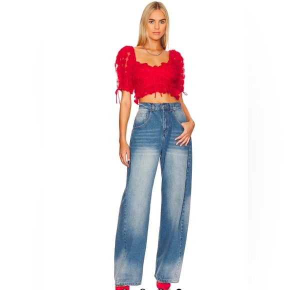 For Love & Lemons Hannah Crop Top in Red BEST SELLER rosette design NEW XXS - Picture 4 of 4